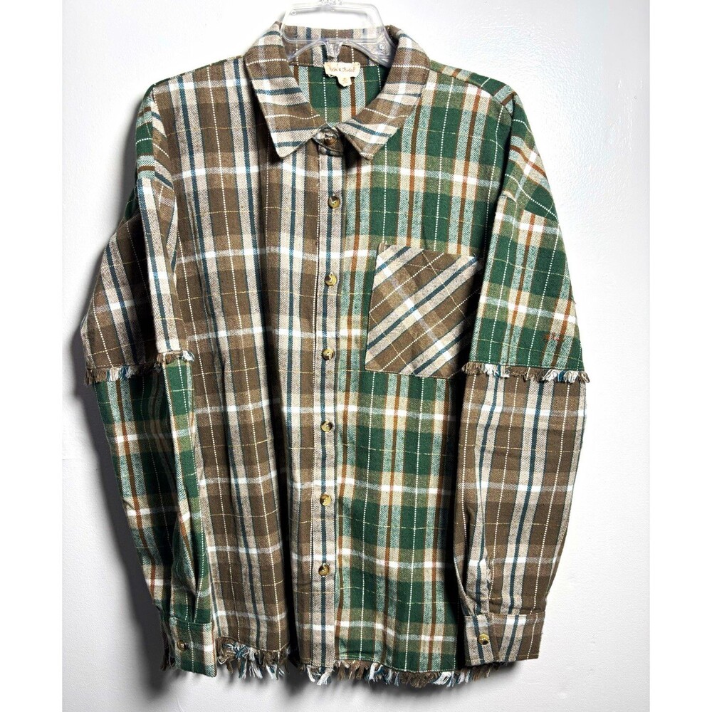 hem & thread Women M Green/Brown Plaid Flannel Lg Slv Button Up Shirt Shacket